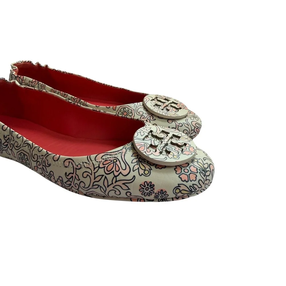 Tory Burch Minnie Travel Ballet Flats Cream Pink Floral Paisley Leather Size 9